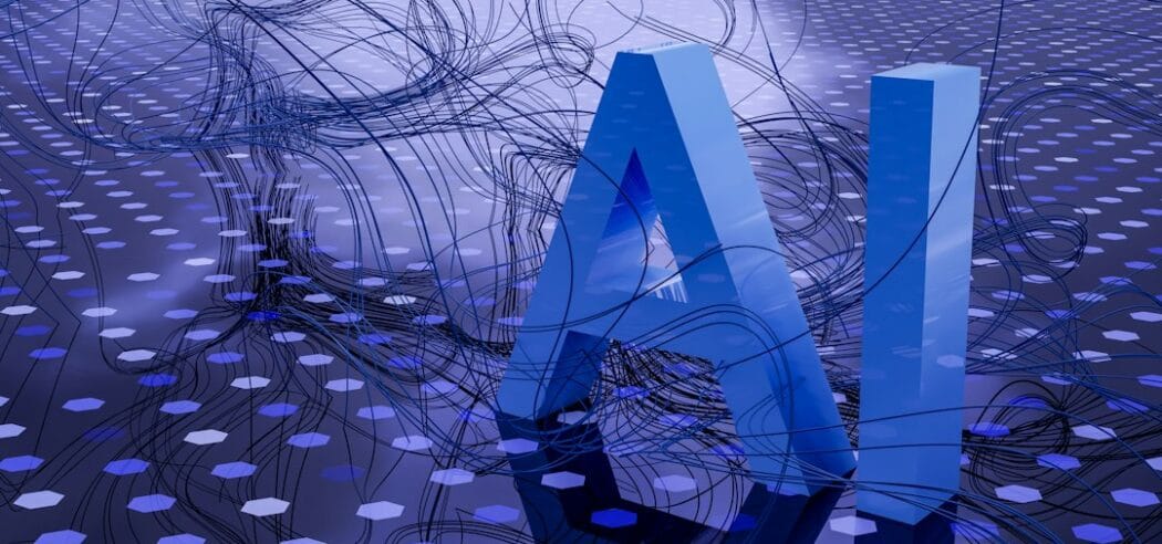 Abstrakt AI-motiv i blå toner som symboliserar en AI-assistent och företagsdata