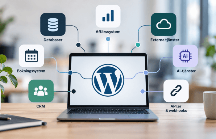 WordPress kopplat till affärssystem, CRM, databaser, AI-tjänster och API:er